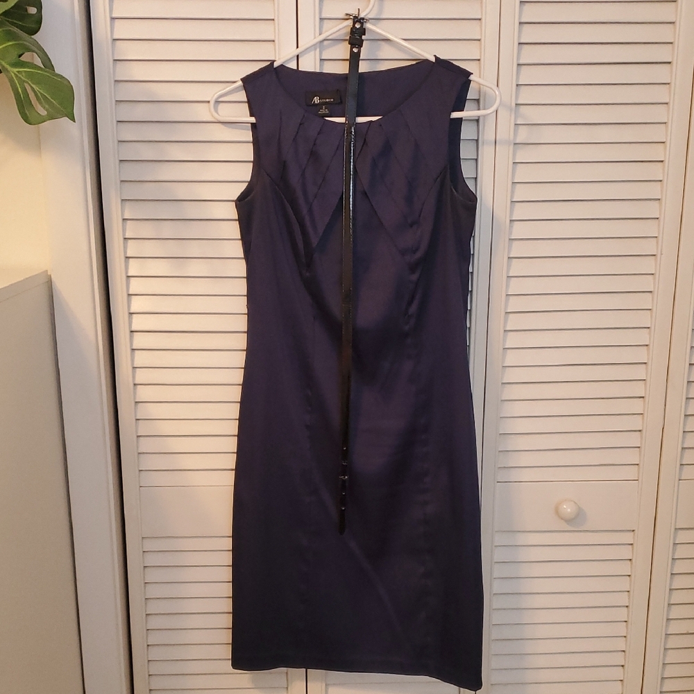 AB Studio Stretch Sateen Navy Pleated Belted Pencil Dress 2
